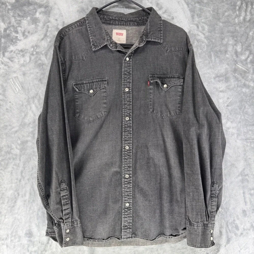 LEVIS MENS LONG SLEEVE DENIM WESTERN‎ SHIRT JACKET DARK GRAY XL PEARL SNAP